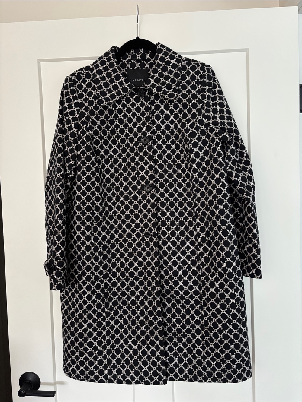 Talbots Black and White Geometric Trench Coat